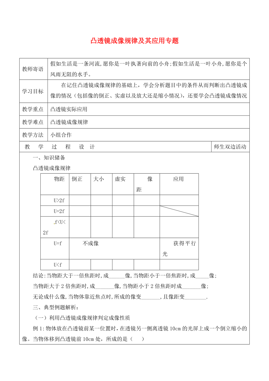 山東省廣饒縣丁莊鎮(zhèn)中心初級(jí)中學(xué)2020屆中考物理一輪復(fù)習(xí) 專題一 凸透鏡成像規(guī)律及其應(yīng)用學(xué)案（無答案）_第1頁