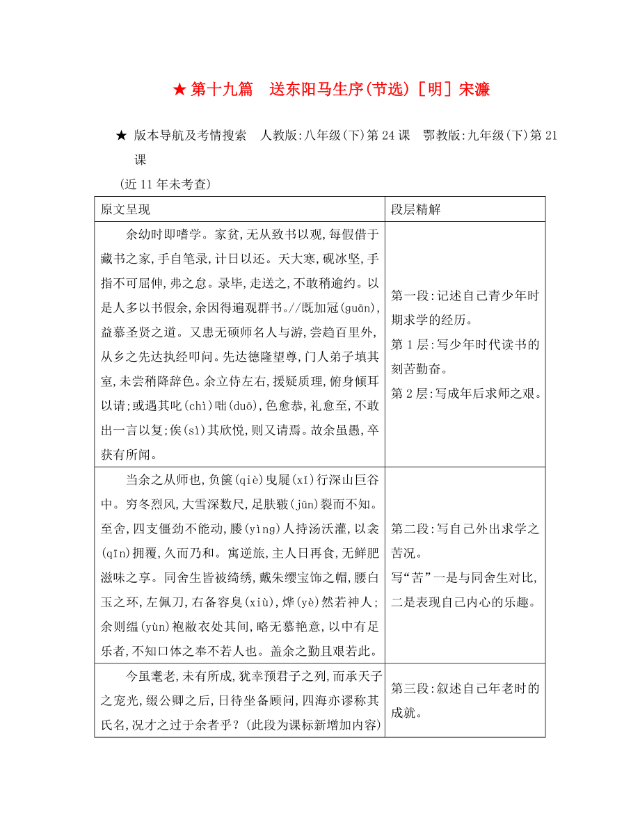 重庆市2020年中考语文 第二部分 古诗文积累与阅读 专题二 文言文阅读 第19篇《送东阳马生序》_第1页