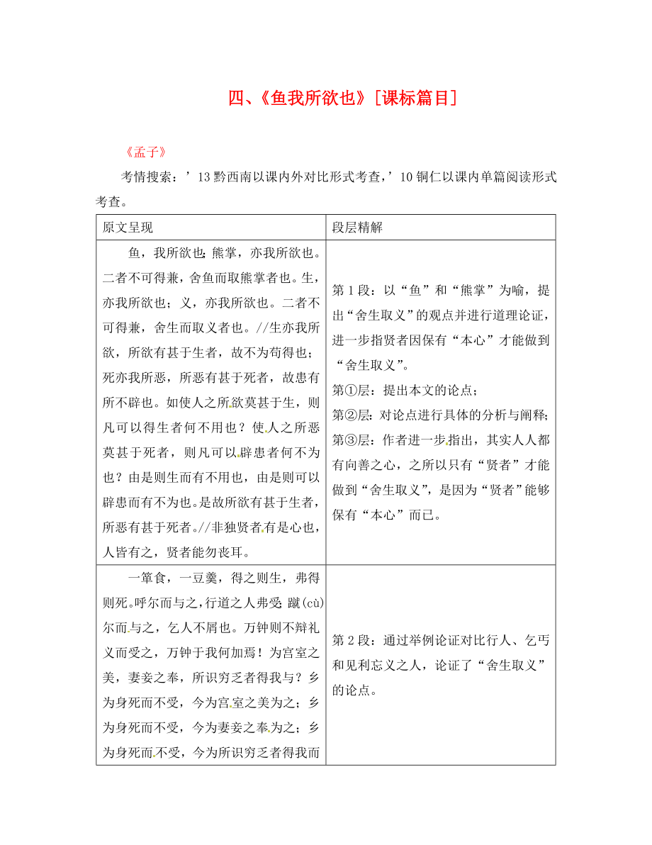 貴州省2020中考語文 第一部分 教材知識梳理 九下 四 《魚我所欲也》復(fù)習(xí)素材_第1頁