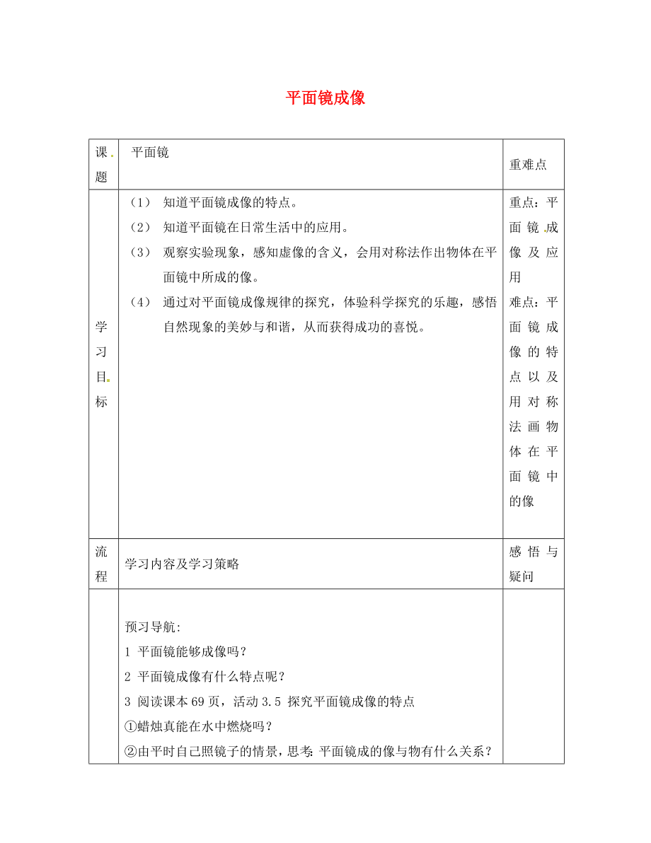 江蘇省徐州黃山外國語學(xué)校八年級物理上冊 平面鏡成像教學(xué)案（無答案） 蘇科版_第1頁