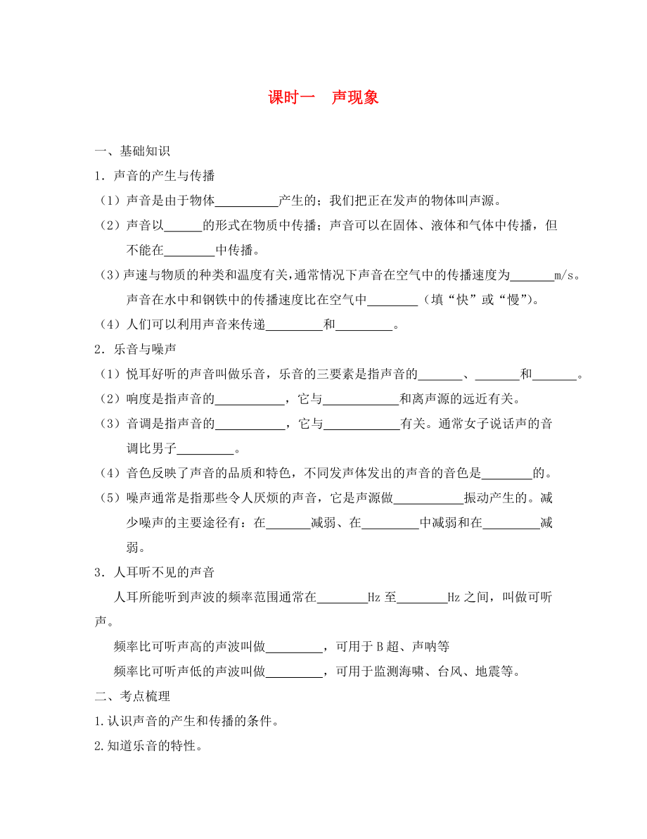 江蘇省宿遷市鐘吾初級(jí)中學(xué)八年級(jí)物理下冊(cè) 課時(shí)作業(yè)一聲現(xiàn)象（無(wú)答案） 新人教版（通用）_第1頁(yè)