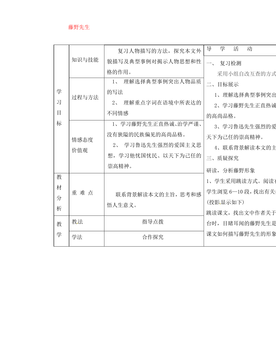 甘肅省寧縣第五中學八年級語文下冊 1 藤野先生導學案2（無答案） 新人教版_第1頁