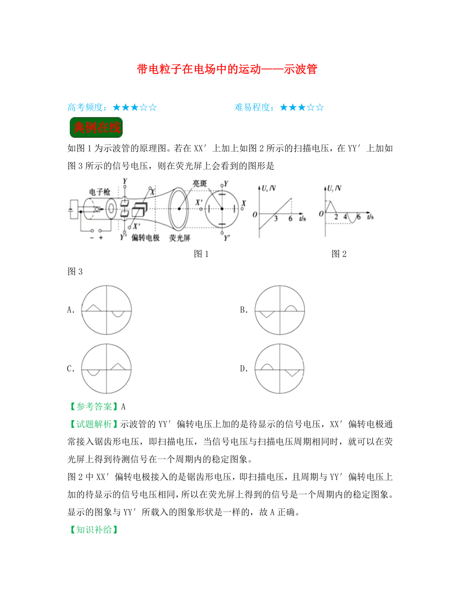 2020学年高中物理（课堂同步系列一）每日一题 带电粒子在电场中的运动;;示波管（含解析）新人教版选修3-1_第1页