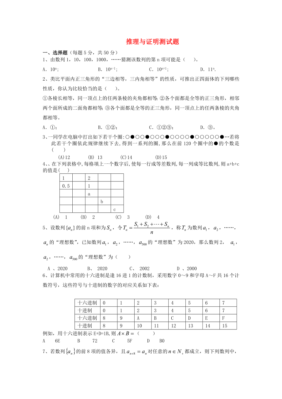 江蘇省鹽城市文峰中學高中數(shù)學 第二章 推理與證明 推理與證明測試題 蘇教版選修1-2（通用）_第1頁