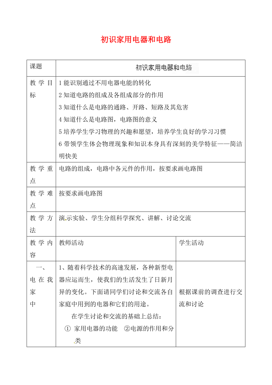 江蘇省灌云縣穆圩中學(xué)九年級(jí)物理上冊(cè) 13.1 初識(shí)家用電器和電路教案 蘇科版_第1頁(yè)