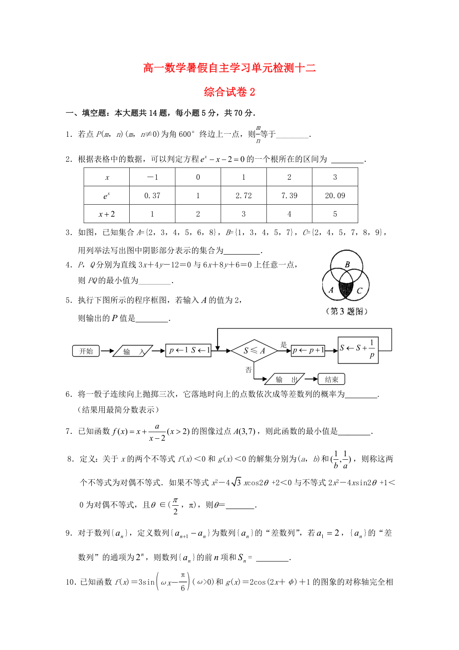 江蘇省南通市通州區(qū)2020年高一數(shù)學(xué)暑假自主學(xué)習(xí) 單元檢測(cè)十二 綜合試卷2_第1頁(yè)