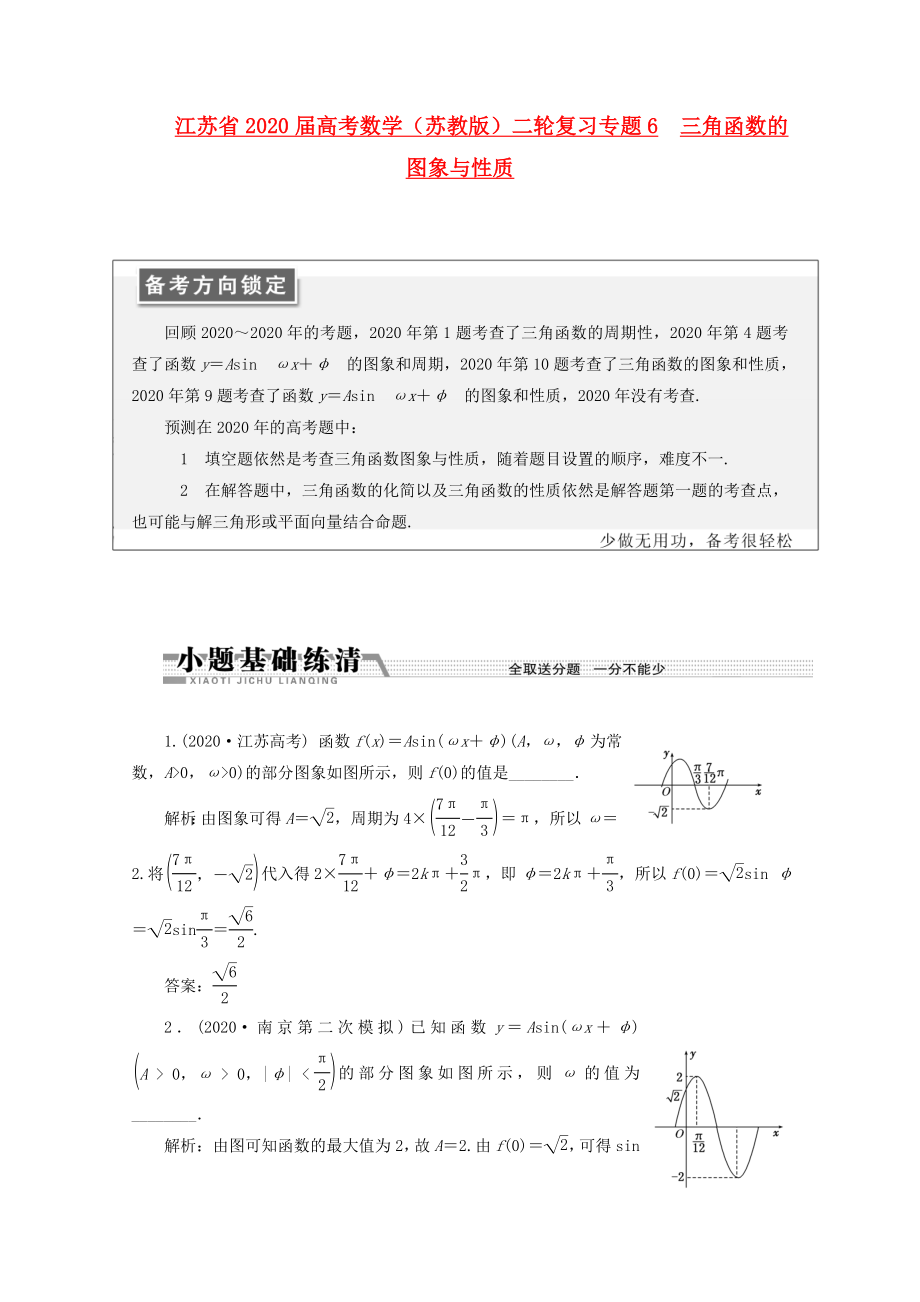 江蘇省2020屆高考數(shù)學(xué)二輪復(fù)習(xí) 專題6 三角函數(shù)的圖象與性質(zhì)_第1頁