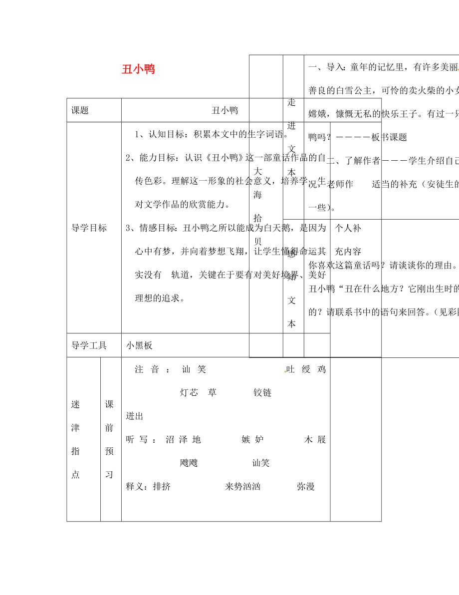 江西省吉安縣鳳凰中學(xué)七年級(jí)語文下冊 丑小鴨導(dǎo)學(xué)案1（無答案） 新人教版_第1頁