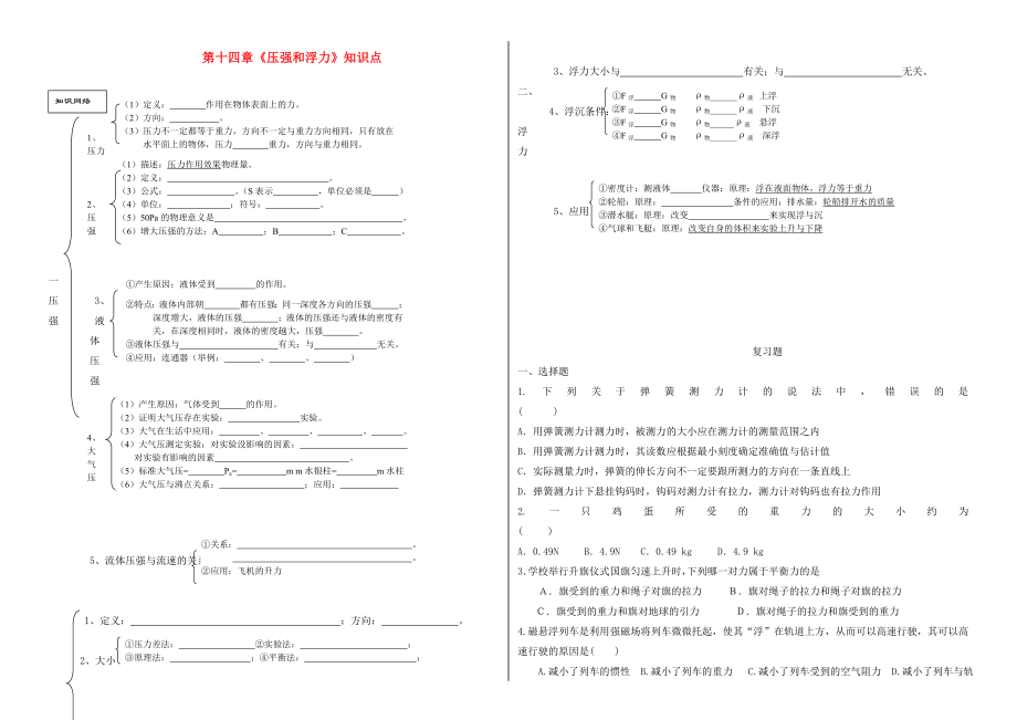 廣東省河源市中英文實(shí)驗(yàn)學(xué)校九年級(jí)物理全冊(cè)《第十四章 壓強(qiáng)和浮力》知識(shí)點(diǎn)復(fù)習(xí)（無答案） 新人教版_第1頁