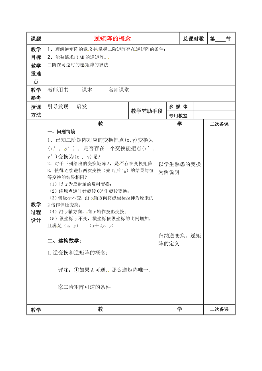 江蘇省徐州市建平中學(xué)高二數(shù)學(xué) 逆矩陣的概念教案_第1頁