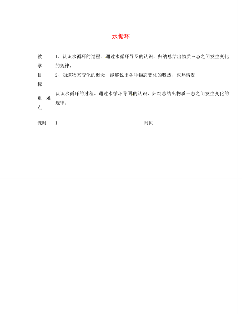 江蘇省淮安市金湖縣呂良中學(xué)八年級物理上冊 第二章 第五節(jié) 水循環(huán)教案 蘇科版_第1頁