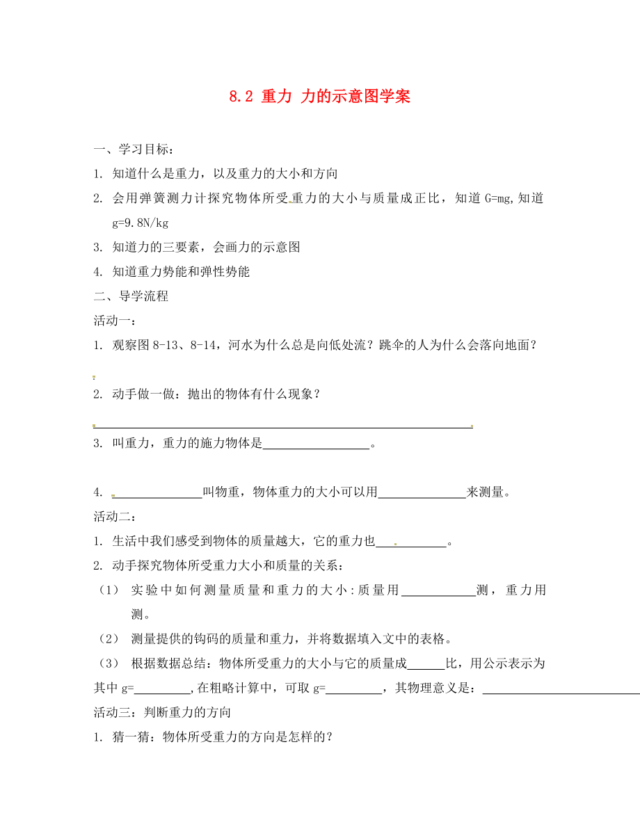 江蘇省南京市江寧區(qū)湯山初級中學八年級物理下冊 8.2 重力 力的示意圖學案（無答案） 蘇科版_第1頁