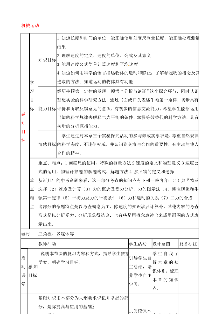 山東省鄒平縣實驗中學九年級物理 第一章《機械運動》復習學案（無答案）_第1頁