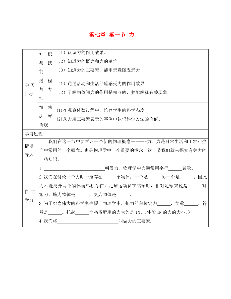 河北省遵化市石门镇义井铺中学八年级物理下册 第七章 第一节 力导学案（无答案）（新版）新人教版_第1页