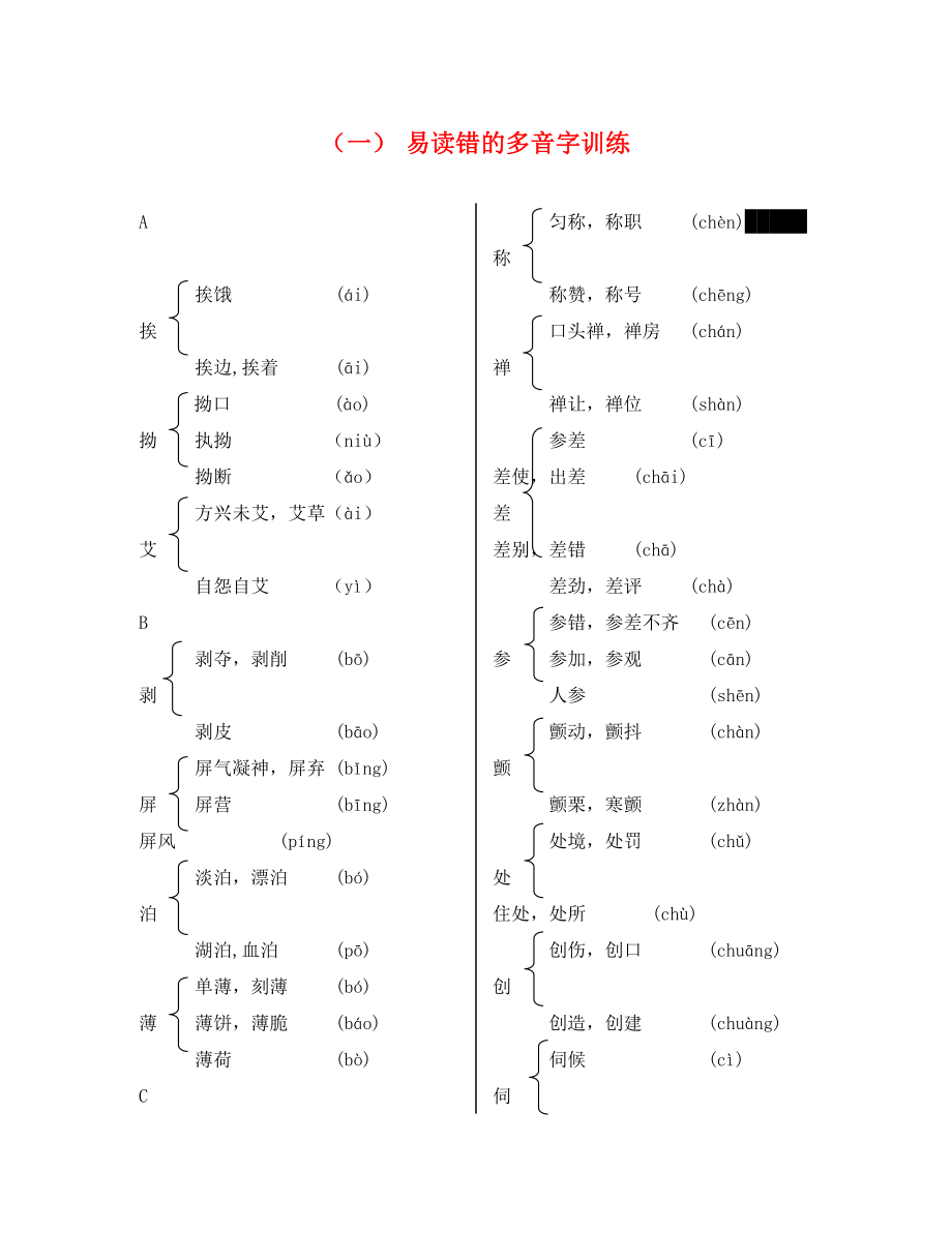 湖南省2020中考語文總復習 第一部分 積累與運用 專題一 字音字形（一）易讀錯的多音字訓練_第1頁