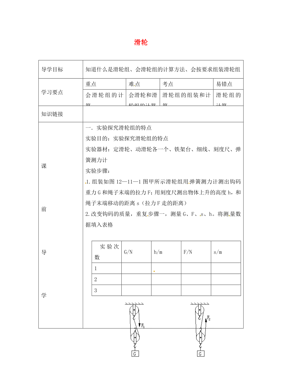 广西崇左市大新县全茗镇中学八年级物理下册 12.2 滑轮导学案2（无答案）（新版）新人教版_第1页