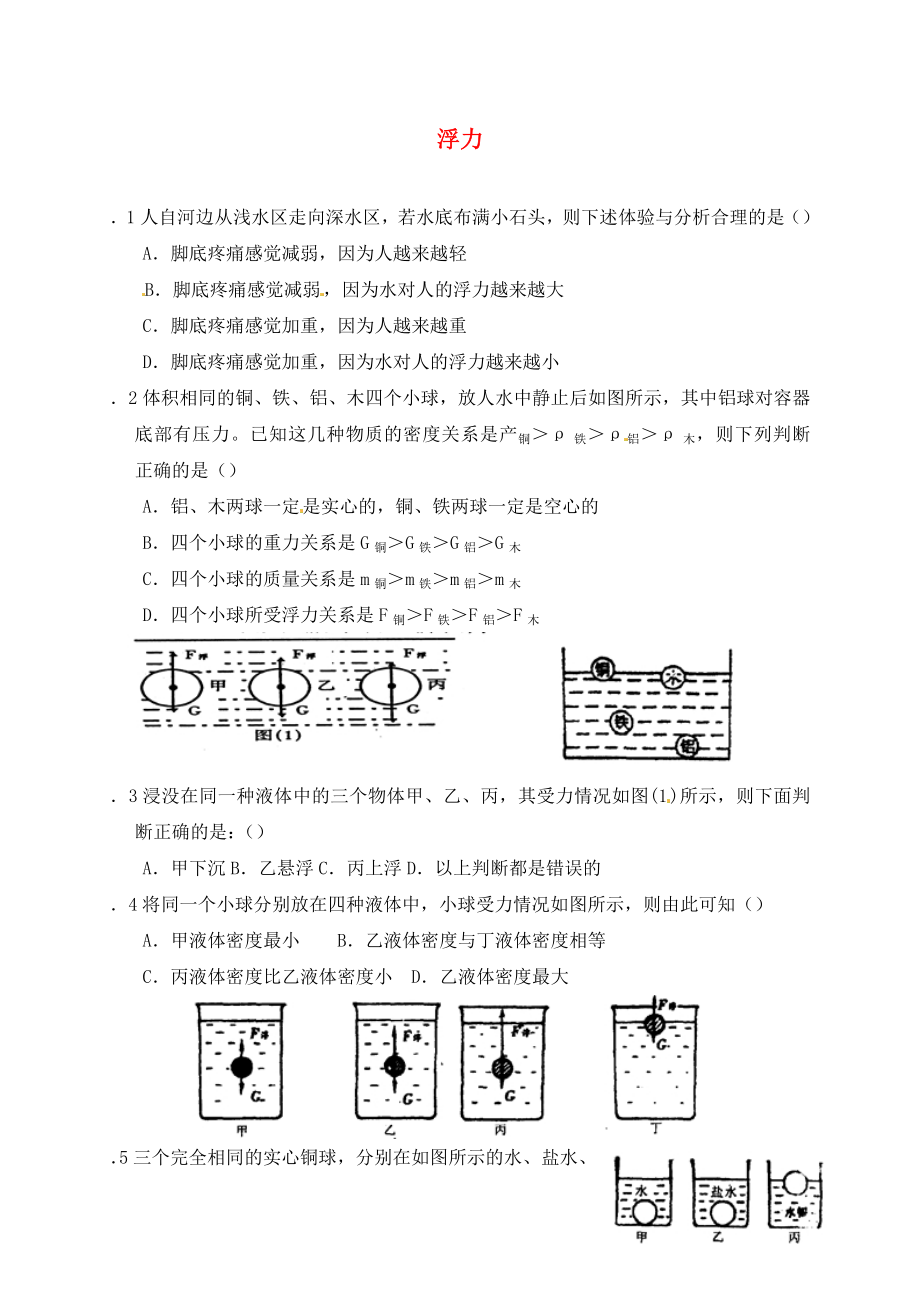 山东省沂源县燕崖中学2020年中考物理 浮力复习测试（无答案）_第1页