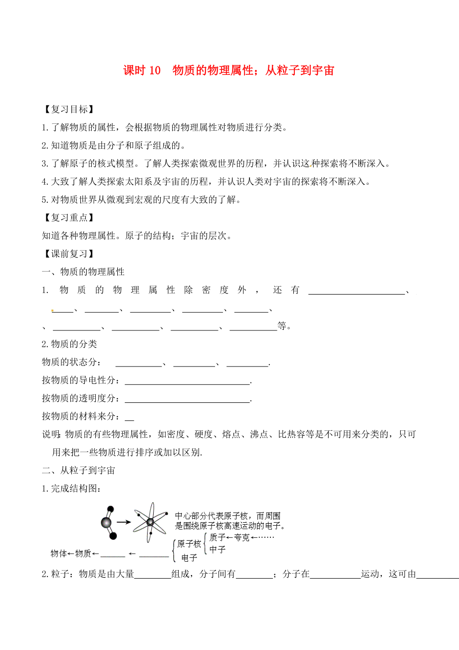 江蘇省南通市第一初級中學九年級物理下冊 課時10 物體的物理屬性從粒子到宇宙復習學案（無答案） 蘇科版_第1頁