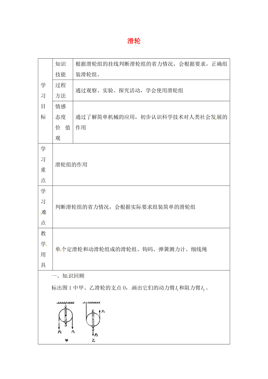 江蘇省徐州市沛縣楊屯中學(xué)九年級物理上冊 11.2 滑輪講學(xué)稿1（無答案） 蘇科版_第1頁