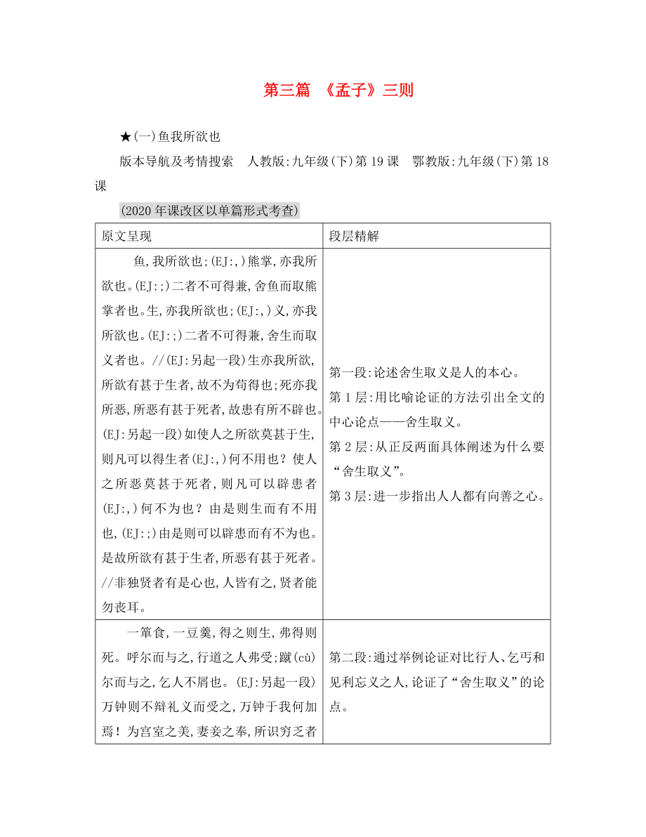 重庆市2020年中考语文 第二部分 古诗文积累与阅读 专题二 文言文阅读 第3篇《孟子》（一）鱼我所欲也（通用）_第1页