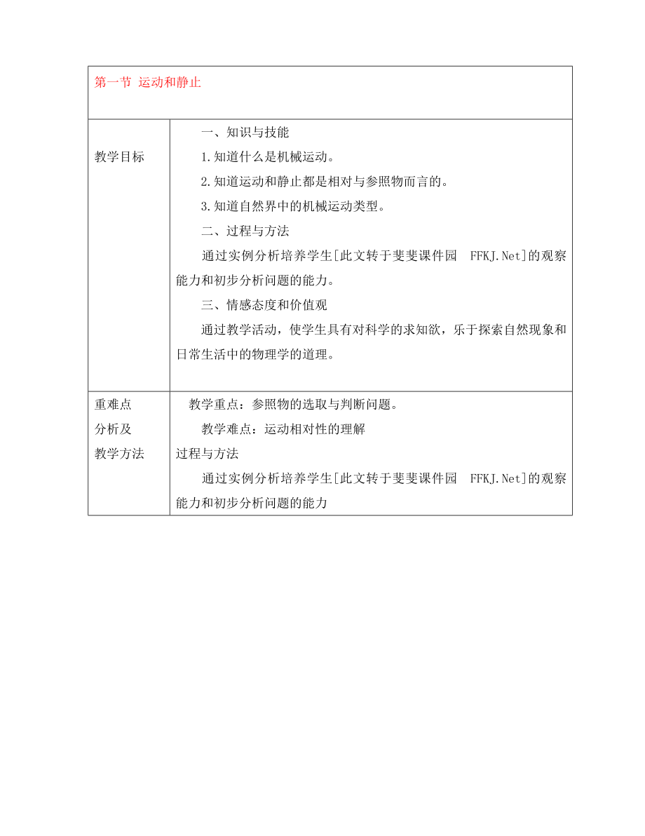 山東省龍口市諸由觀鎮(zhèn)諸由中學八年級物理上冊 第一章 第一節(jié) 運動和靜止教案 魯教版五四制_第1頁