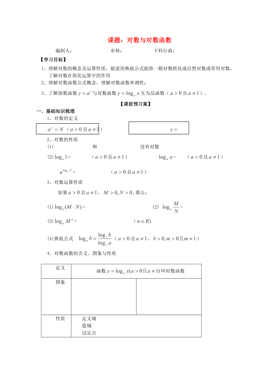 廣東省佛山市順德區(qū)高三數(shù)學第一輪復習 對數(shù)與對數(shù)函數(shù)導學案 理_第1頁