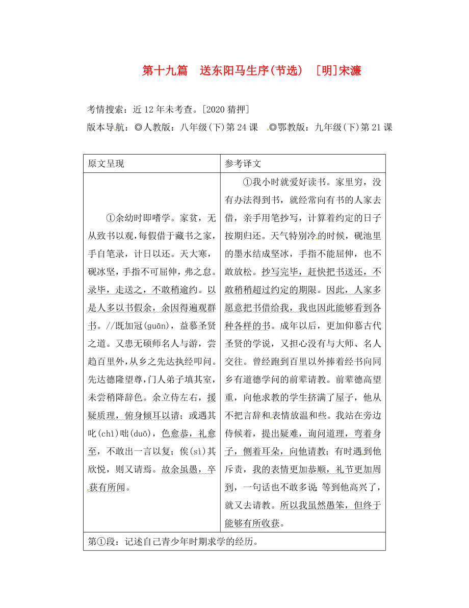 重庆市2020中考语文试题研究 第二部分 古诗文积累与阅读 专题二 文言文阅读 第十九篇 送东阳马生序（节选）素材_第1页