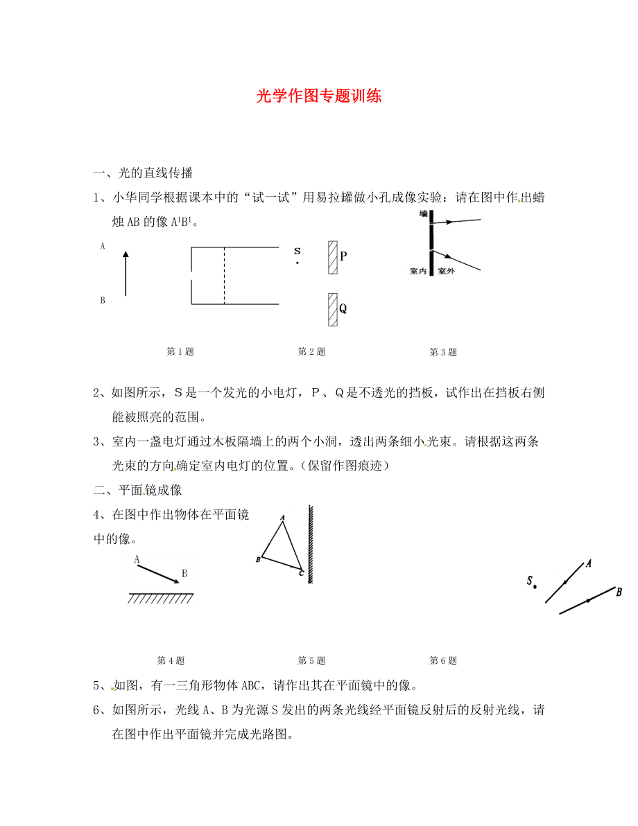 江蘇省無錫市前洲中學八年級物理上冊 光學作圖專題訓練（無答案）（新版）蘇科版（通用）_第1頁