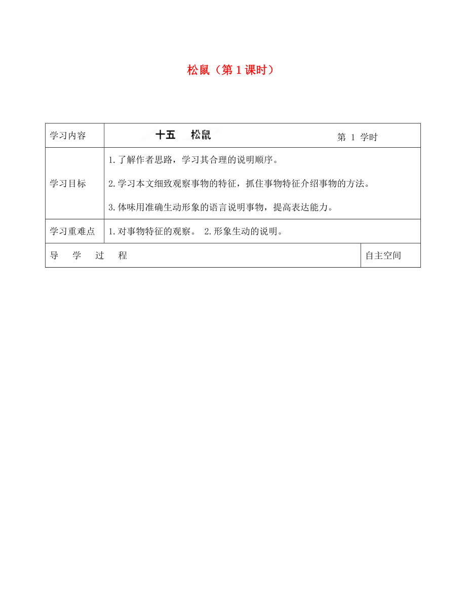 海南省?？谑械谑闹袑W(xué)七年級語文下冊 第15課 松鼠（第1課時）導(dǎo)學(xué)案（無答案） 蘇教版_第1頁