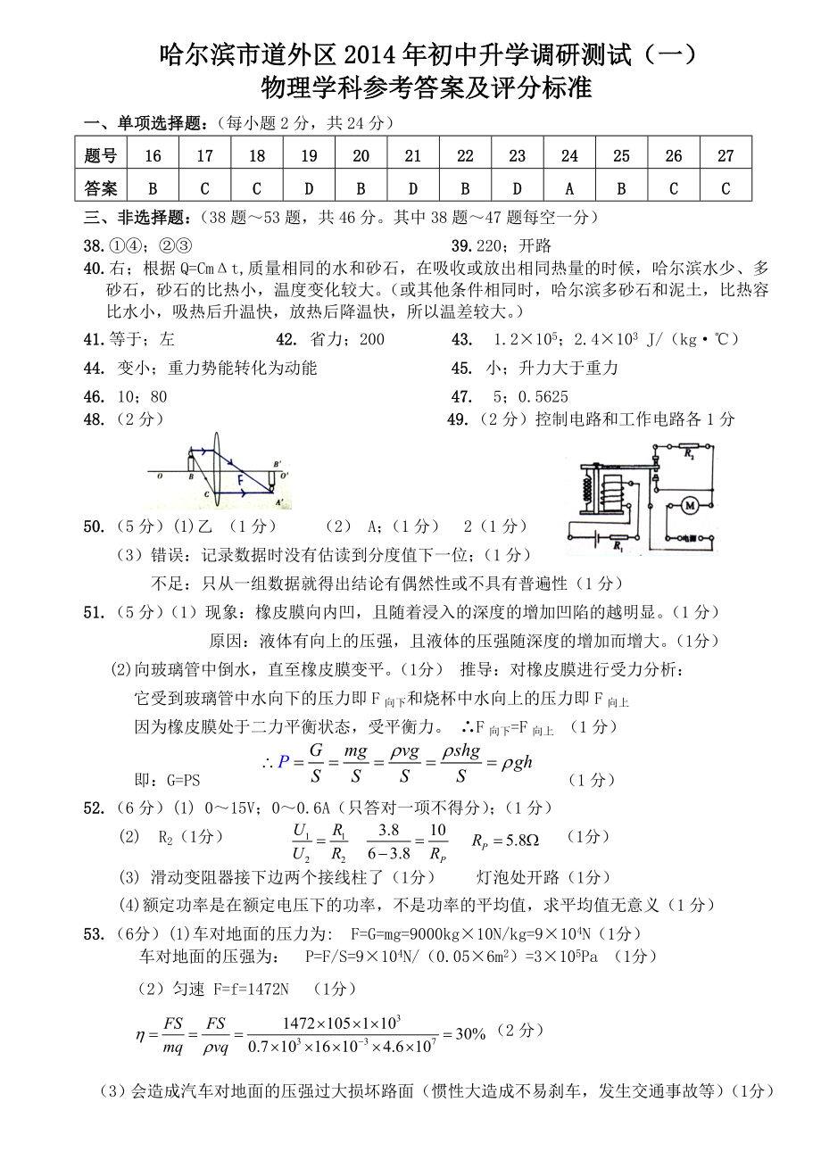 2014年哈尔滨市中考道外区物理一模答案-哈考网_第1页