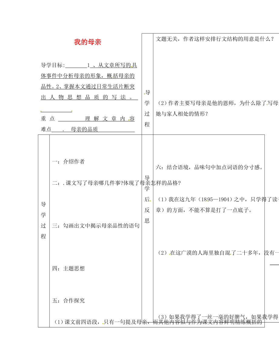 遼寧省遼陽縣首山鎮(zhèn)第二初級中學(xué)八年級語文下冊 第2課《我的母親》導(dǎo)學(xué)案（無答案）（ 新版）新人教版_第1頁