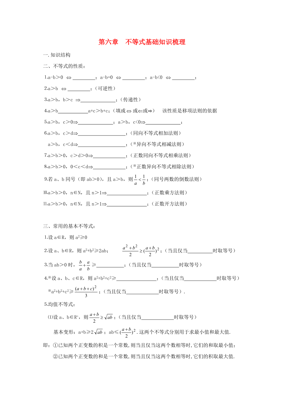 江蘇省姜堰市溱潼中學(xué)2020屆高三數(shù)學(xué)基礎(chǔ)知識梳理 第6章 不等式_第1頁