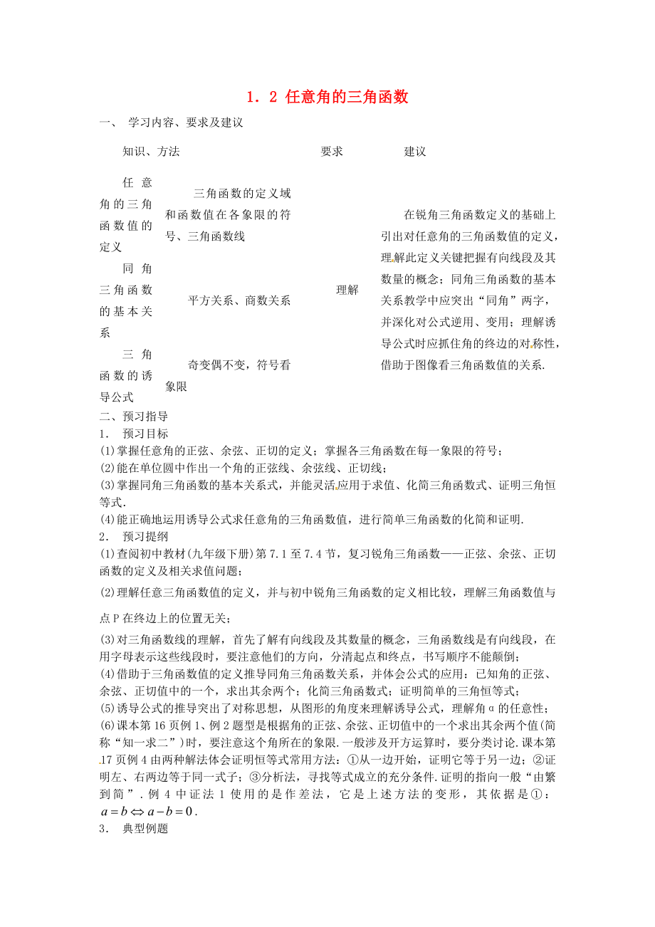 江蘇省蘇州市第五中學(xué)高中數(shù)學(xué) 1.2任意角的三角函數(shù)學(xué)案（無(wú)答案）蘇教版必修4_第1頁(yè)