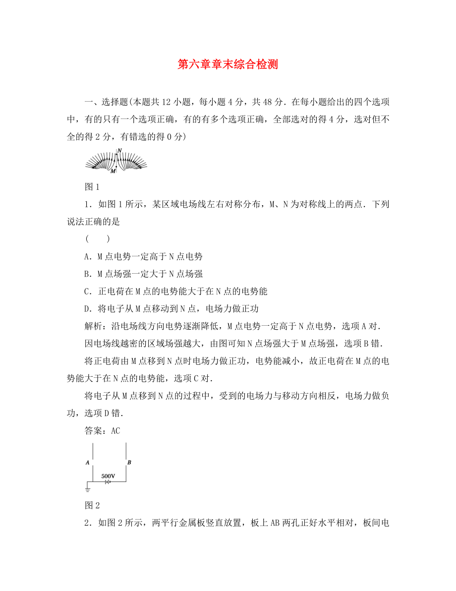 2020高考物理單元卷 第6章靜電場 章末綜合檢測_第1頁