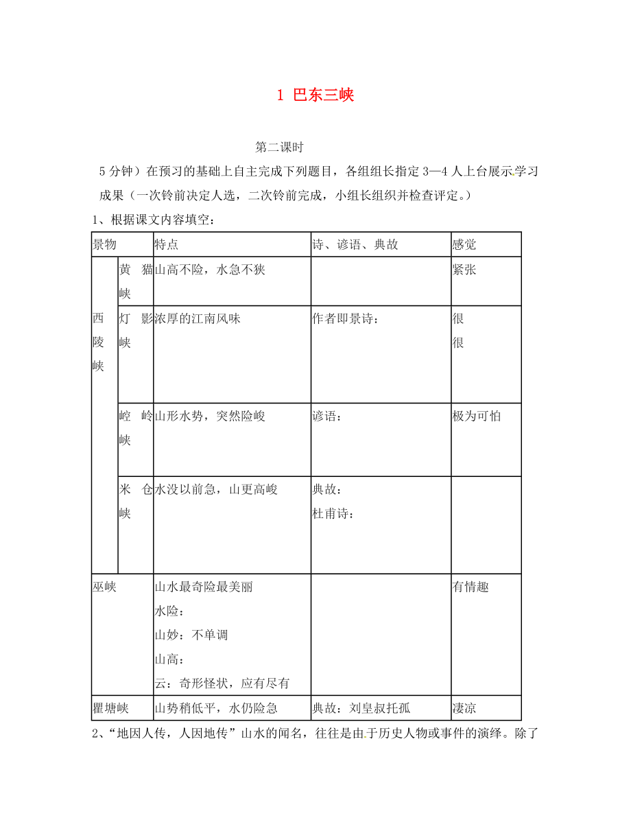 湖南省耒陽市八年級語文上冊 第一單元 1 巴東三峽學(xué)案1（無答案） 語文版（通用）_第1頁