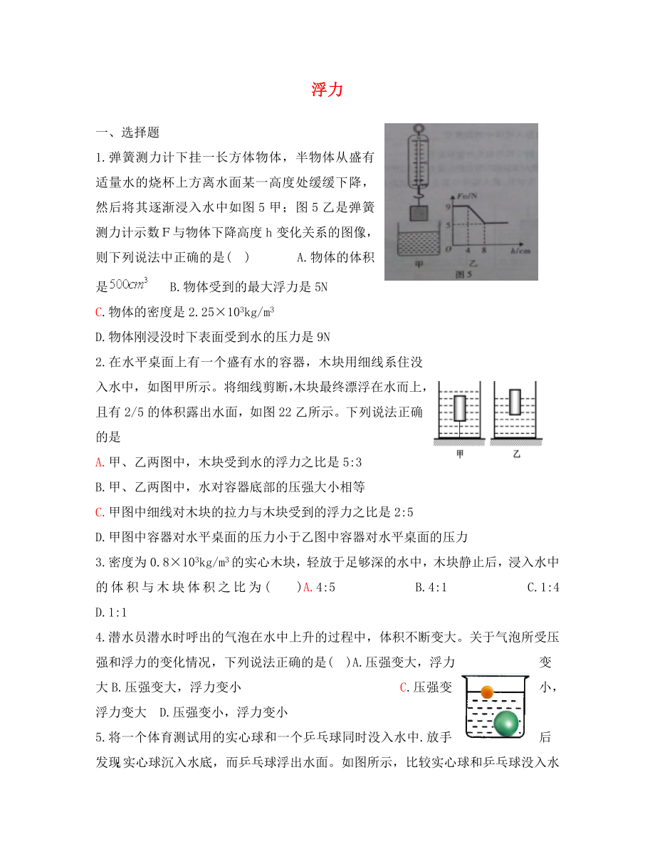 山東省文登區(qū)米山中學(xué)2020屆八年級物理下冊 第八章 浮力綜合檢測題（無答案） 魯教版_第1頁