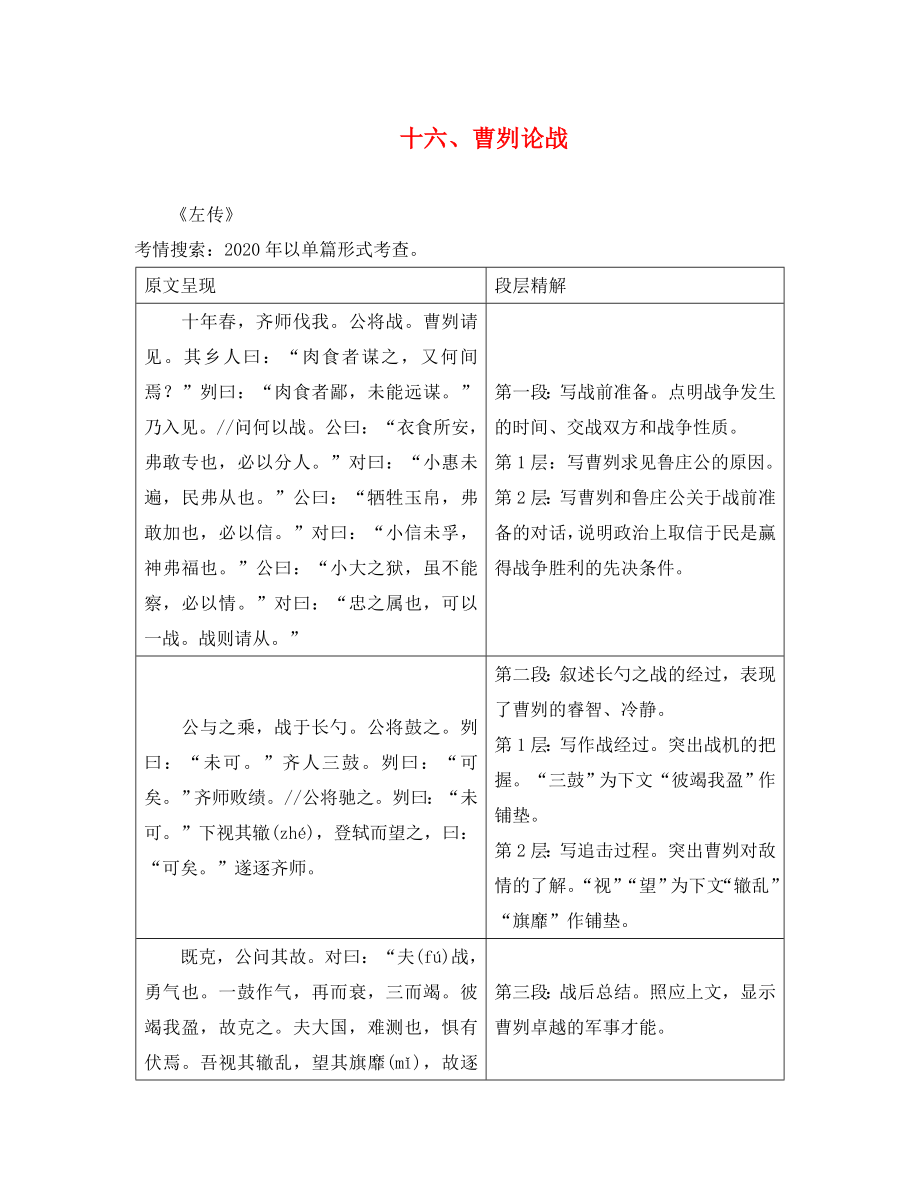 湖南省益陽(yáng)市2020年中考語(yǔ)文 第二部分 古詩(shī)文閱讀 十六 曹劌論戰(zhàn)素材 北師大版_第1頁(yè)