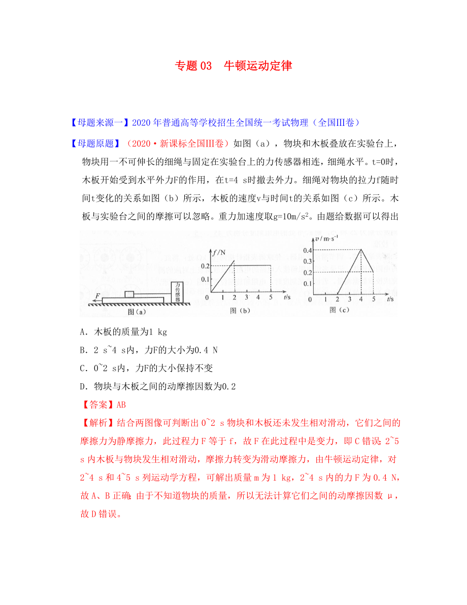 2020年高考物理 母題題源系列 專題03 牛頓運動定律（含解析）_第1頁