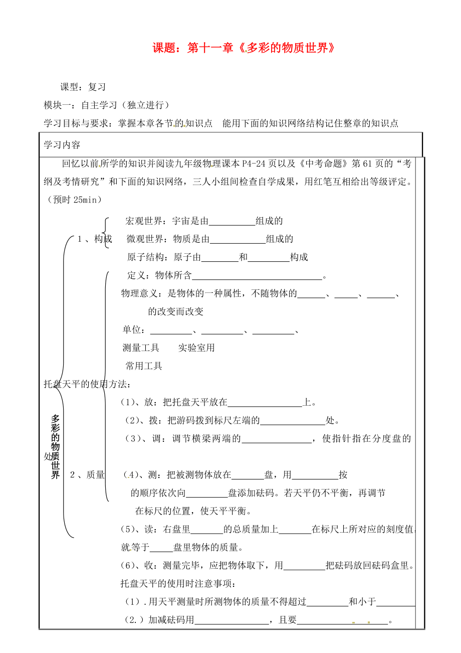 广东省河源市中英文实验学校九年级物理全册《第11章 多彩的物质世界》复习讲学稿 新人教版_第1页