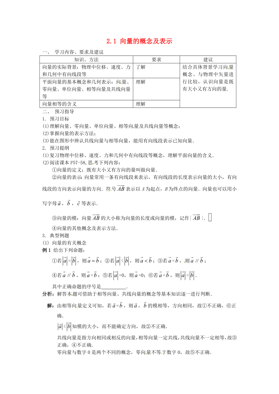 江蘇省蘇州市第五中學(xué)高中數(shù)學(xué) 2.1向量的概念及表示學(xué)案（無答案）蘇教版必修4_第1頁