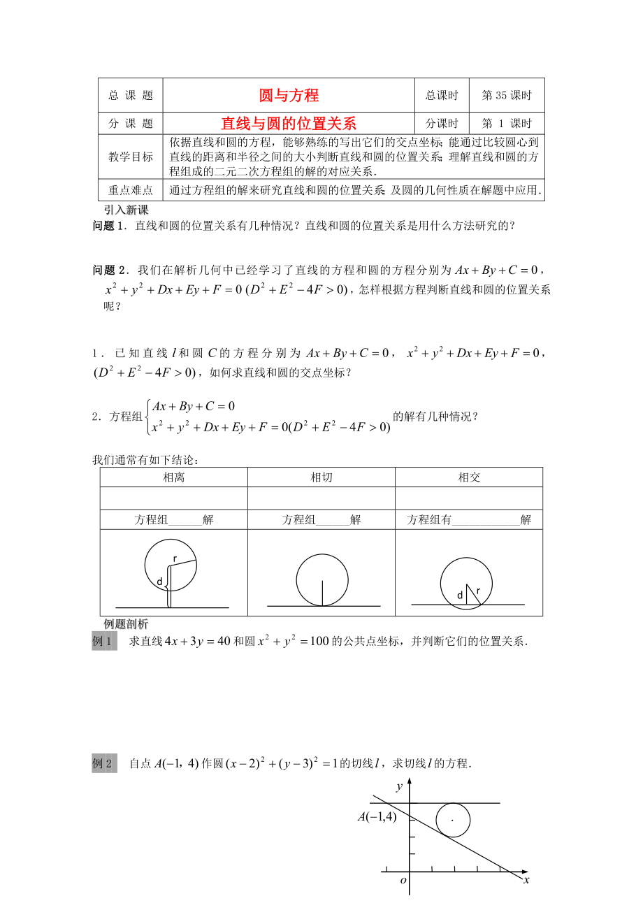 江蘇省溧水縣第二高級(jí)中學(xué)高中數(shù)學(xué) 第35課時(shí)直線(xiàn)與圓的位置關(guān)系教學(xué)案 蘇教版必修2_第1頁(yè)