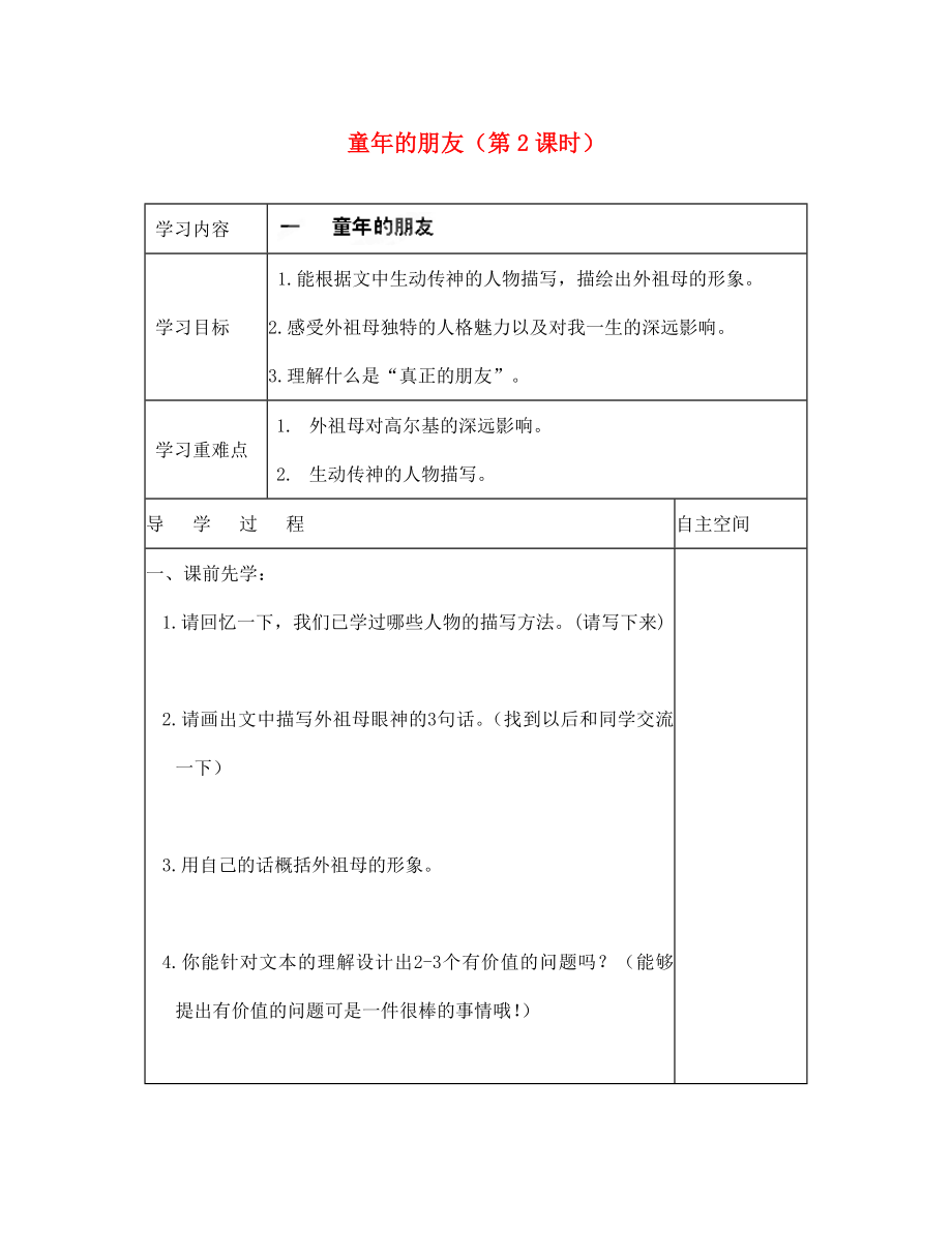 海南省海口市第十四中學(xué)七年級語文下冊 第1課 童年的朋友（第2課時(shí)）導(dǎo)學(xué)案（無答案） 蘇教版（通用）_第1頁