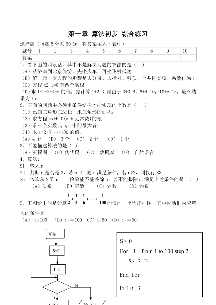 數(shù)學(xué)人教版必修2(A) 第一章 算法初步 綜合練習(xí)1_第1頁