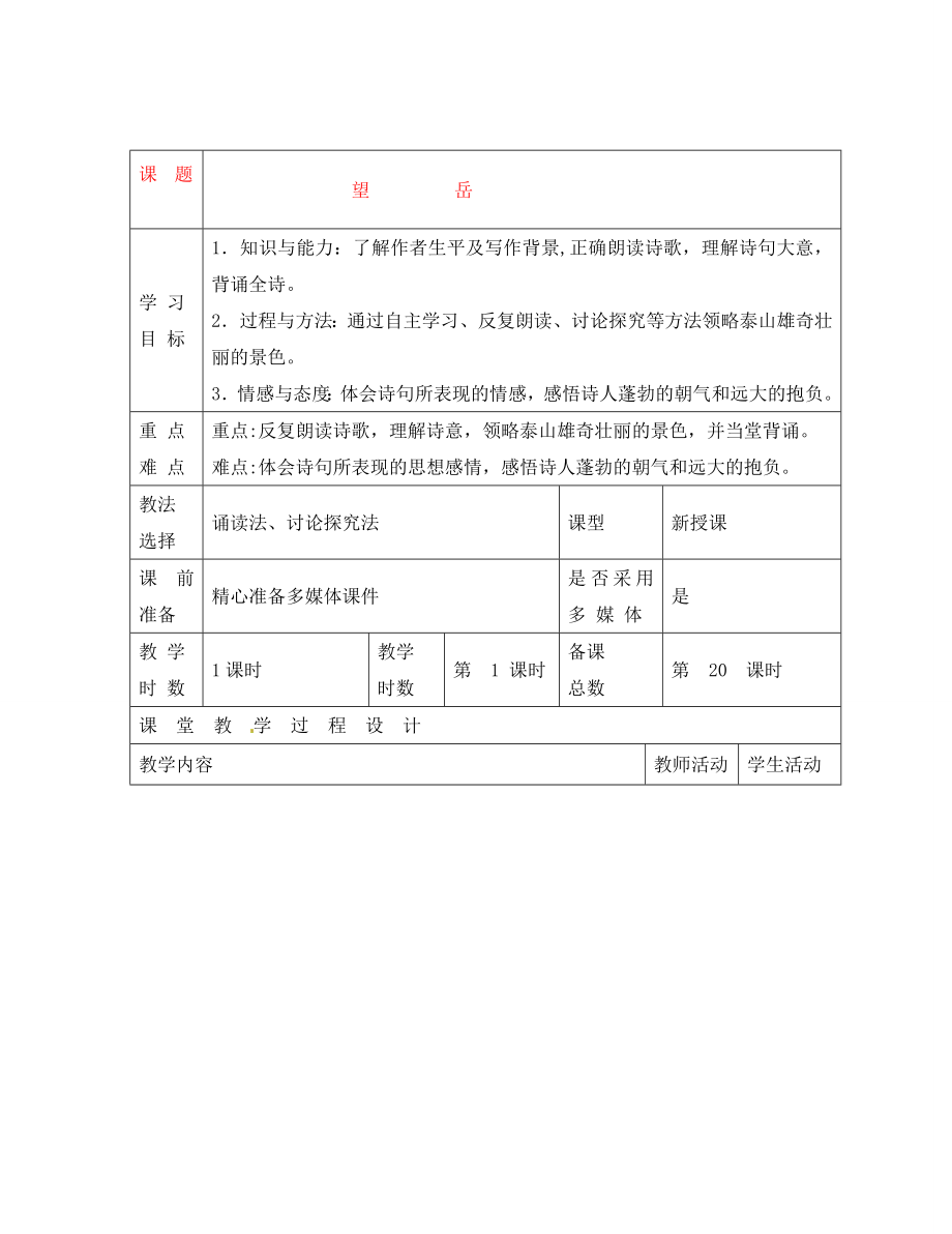 甘肅省酒泉市瓜州二中八年級(jí)語文下冊(cè) 望岳教案 北師大版_第1頁