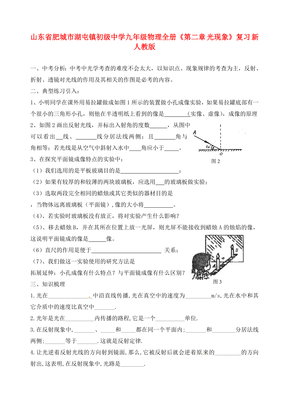 山东省肥城市湖屯镇初级中学九年级物理全册《第二章 光现象》复习（无答案） 新人教版_第1页