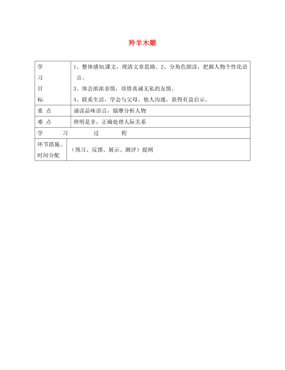 浙江省平陽縣第二中學(xué)2020學(xué)年七年級語文上冊 3 羚羊木雕導(dǎo)學(xué)案（無答案） 新人教版_第1頁