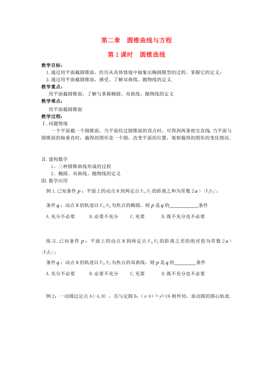 江蘇省鹽城市文峰中學(xué)高中數(shù)學(xué) 第2章 圓錐曲線與方程 第1課時(shí) 圓錐曲線教案 蘇教版選修1-1（通用）_第1頁(yè)