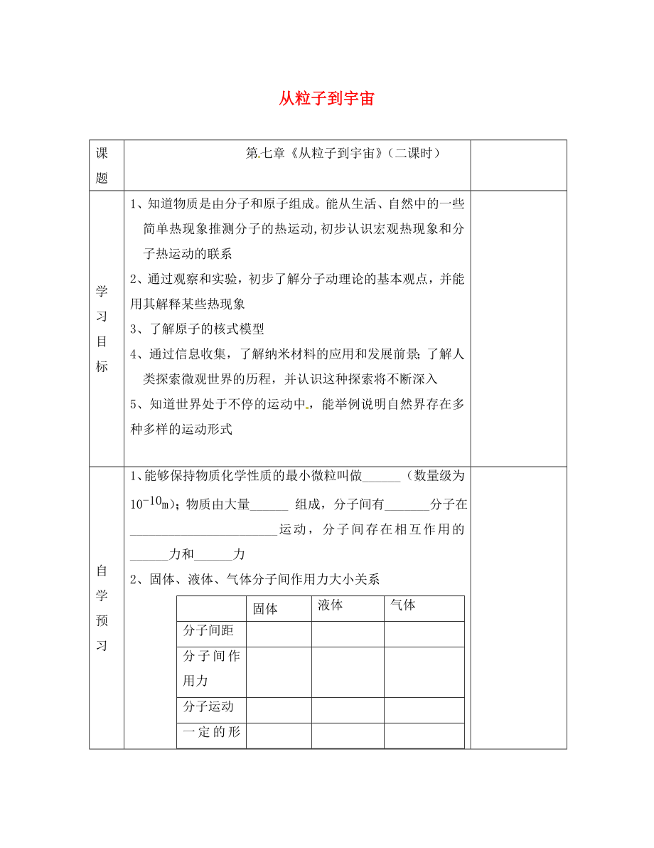 江蘇省徐州黃山外國(guó)語學(xué)校八年級(jí)物理下冊(cè) 從粒子到宇宙學(xué)案（無答案） 蘇科版_第1頁