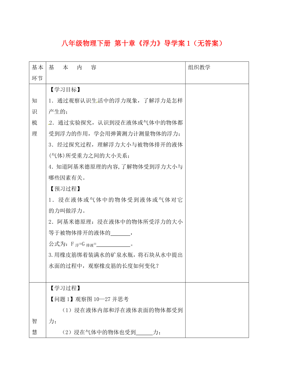 江蘇省沭陽(yáng)縣官墩初級(jí)中學(xué)八年級(jí)物理下冊(cè) 第十章《浮力》導(dǎo)學(xué)案1（無(wú)答案）（新版）新人教版_第1頁(yè)