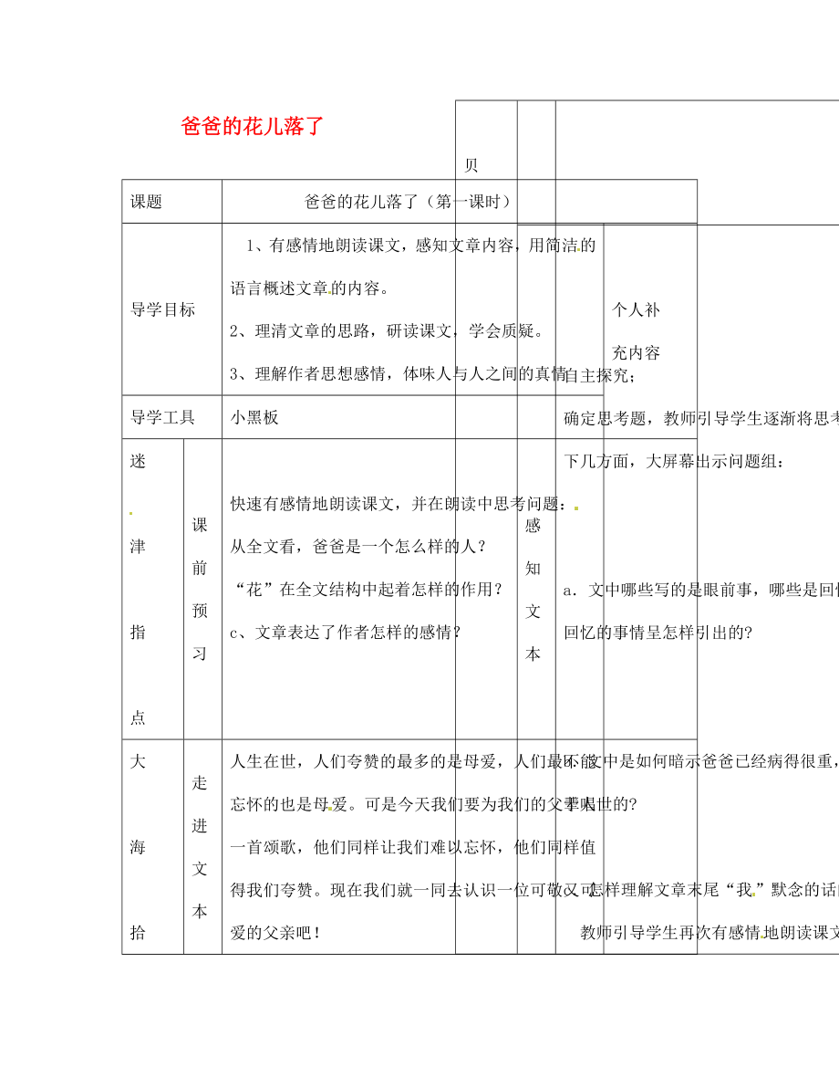 江西省吉安縣鳳凰中學(xué)七年級語文下冊 爸爸的花兒落了（第一課時）導(dǎo)學(xué)案（無答案） 新人教版_第1頁